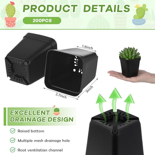 Yaomiao 200 Pack 3 Inch Black Nursery Pot Square Flower Pots Plastic Plant Succulent Planter Seed Starting Pots with Drainage Holes for Garden Office Balcony Decor Indoor Outdoor Plant Seedling - color: Black