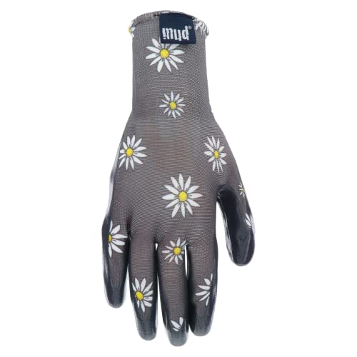 Mud Grip Women's Daisy Printed Polyester Shell and Flat Nitrile Coated Palm Gardening Gloves, - color: Gray, size: Small/Medium (Pack of 1)