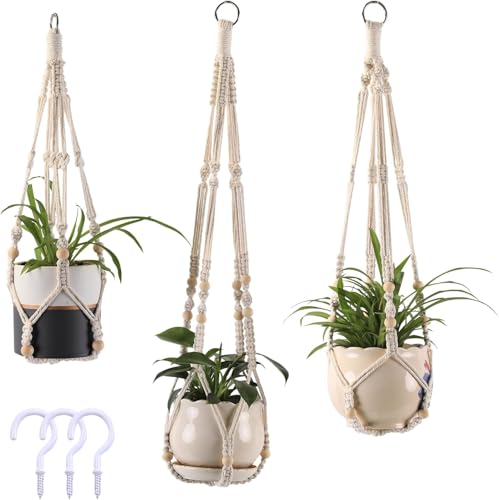 Macrame Plant Hangers with Beads for Indoor and Outdoor, 3 Pack - color: White