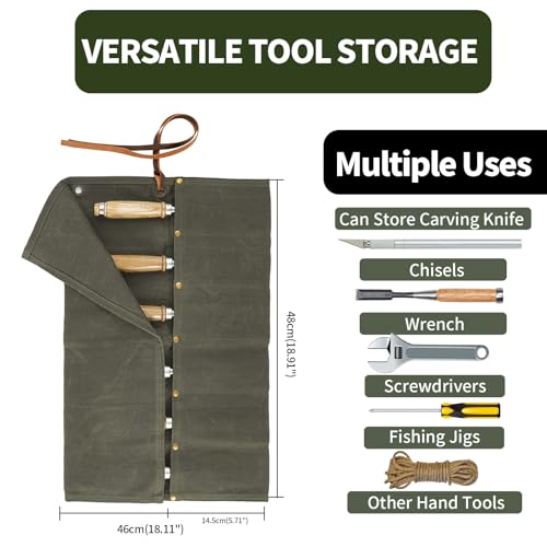 Chisel Roll, 6 Pockets Roll Up Tool Pouch, Waxed Canvas Small Tool Roll - color: Army Green