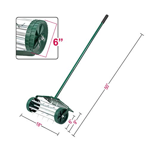 Goplus Rolling Lawn Aerator, 18-Inch Garden Yard Rotary Push Tine Heavy Duty Spike Soil Aeration, Manual Lawn Aeration Tool w/ 41-Inch Handle (Green w/Fender) - color: Green w/ Fender