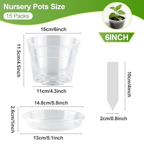 Amasiver 6 Inch Clear Nursery Pots for Plants,Transparent Plant Pots with Drainage Holes & Saucers,Seed Starter Pots with 15 Plant Labels,Clear Plastic Flower Pots for Indoor Outdoor - size: 6 Inch