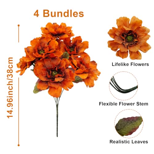 Fake Fall Flowers Artificial 4 Bundles Burnt Orange Mums for Vase - color: Brown Orange