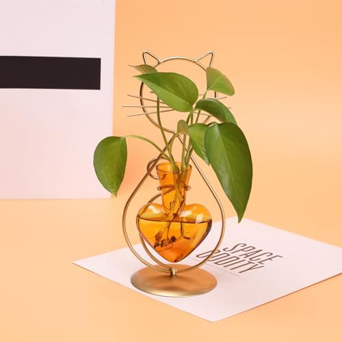 Plant Terrarium Propagation Station Gifts for Women Cat Lover - color: Gold Amber
