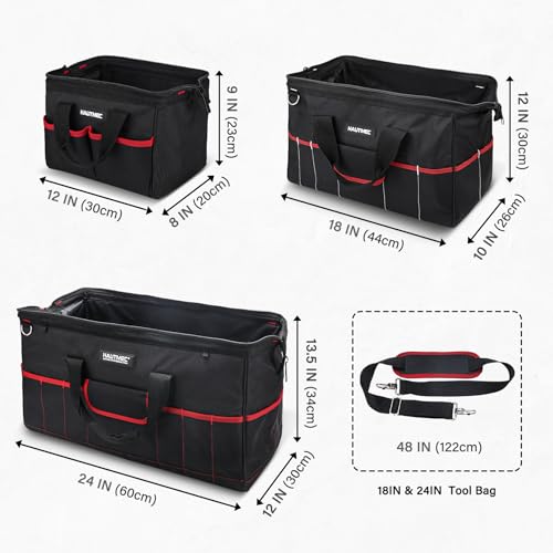 HAUTMEC 3-Piece Large Tool Bag Set (12” / 18” / 24”), Heavy-Duty 1680D Wide Mouth Tool Bag with Metal Frame, Foldable Tool Tote Bag with Non-Slip Base, Double Zippers & Padded Shoulder Strap – HT0297 - style: 3-Piece Set | 12"/18"/24"