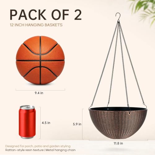 ZMTECH 2 Pack 12 Inch Rattan-Look Hanging Planter Baskets for Indoor Outdoor Plants, Hanging Flower Pots with Drainage Plug & Metal Chain, Hanging Basket for Porch Patio Garden Decor Copper - color: Copper