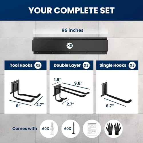 96'' All-Metal Garage Tool Organizer Wall Mount – Heavy-Duty Tool Rack Holds 960 lbs, Adjustable Hooks for Garage, Yard, and Garden Equipment - size: 96" Alloy Steel