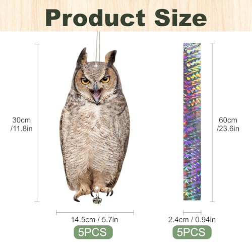 5 Pcs Hanging Fake Owl to Keep Animals Away, Flat Plastic Fake Owl to Scare Pigeon Woodpecker Away, Outdoor Weatherproof Animal Scare Decor for Windows Outdoor Patio Contryard Garden Backyard Porch - color: 5pcs-brown