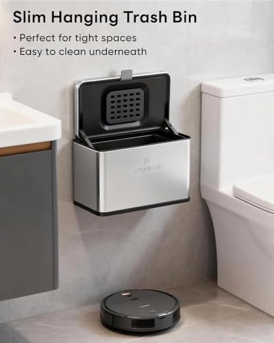 Hanging Compost Bin for Kitchen, 4L/1Gal Small Trash Can with Lid, Wall Mounted Slim Stainless Steel Garbage Bin with Inner Bucket for Under Sink/Cabinet Door, Bathroom, Office, Silver - size: 4L-Silver