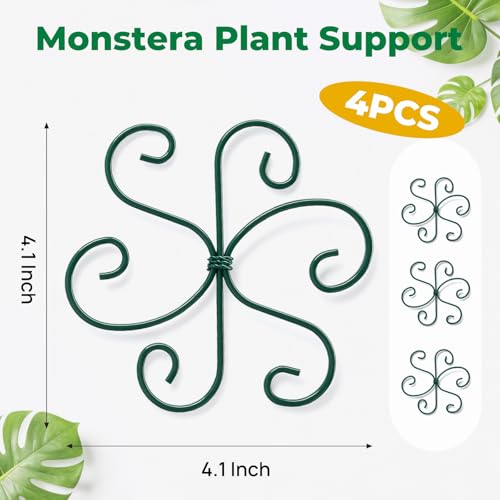 4PCS Monstera Plant Support, 4.1IN Green Metal Plant Stem Support Stakes, Adjustable Indoor Outdoor Potted Climbing Plant Stakes, Monstera Stabilizer Supports - color: Bright Green