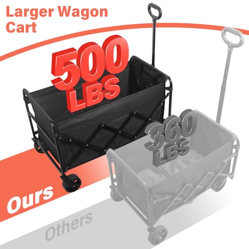 Collapsible Wagon Cart Foldable - Extra Large 500 lbs Capacity Portable Folding Beach Wagon with Wheels - 34'' Extra Long Heavy Duty Utility Cart for Groceries, Shopping, Camping, Sports - Black - color: Black-500lb