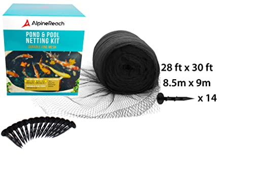 AlpineReach Koi Pond Netting Kit 28 x 30 ft Black Heavy Duty Woven Fine Mesh Net Cover for Leaves - Protects Koi Fish from Blue Heron Birds, Cats & Predators – Reusable & Stakes Included - color: Black, size: 28x30ft (Stakes Included)