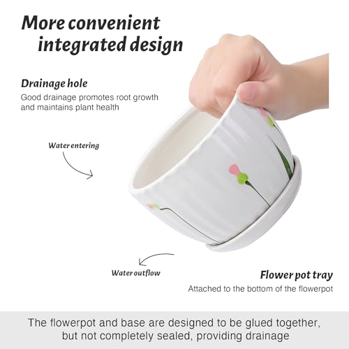 Ceramic Plant Pots with Saucers, Round White Flower Pots for Indoor Plant - color: White Floral-standard Size