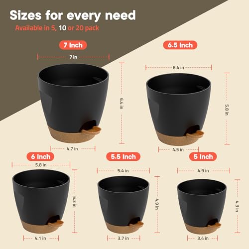 Black Self Watering Pots 10 Pack, Indoor and Outdoor Plant Pots with Wick Rope & Drainage Holes, Easy Watering Lip, Lightweight Plastic Self Watering Planter for Succulents, Houseplants, and Herbs - color: Black, size: Pack of 10