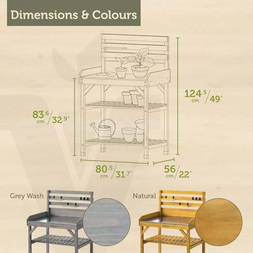 VegTrug Cedar Potting Table, Grey Wash - Outdoor Workstation with Galvanized Metal Top, Storage Shelves & Hooks for Gardening, Repotting, Seed Starting, Patio & Greenhouse Use - color: Gray Wash