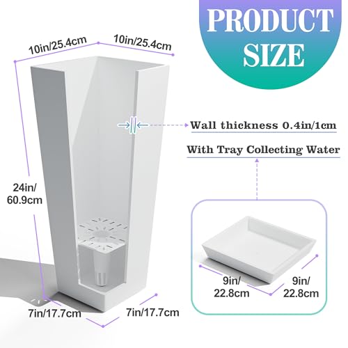 TUYOHW 24 Inch Tall Tapered Square Planters (Set of 2) - Indoor Outdoor Large Flower Pots with Built-in Drainage & Matching Water Tray for Patio, Garden, Home - White - color: White
