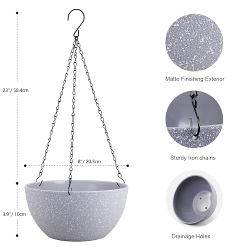 Meowell 8 inch Small Hanging Planters for Indoor Outdoor Plants, 2 Pack Hanging Flower Pots with Drainage Holes and Chain for Garden Porch, Plastic Hanging Baskets for House Plants, Speckled Grey - color: Speckled Grey, size: 8inch 2pcs