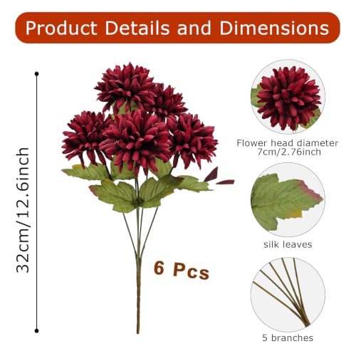 Fake Mums Flowers for Outdoors, 6 Pack 30 Heads Artificial Chrysanthemums Silk Fall Flower for Autumn Wedding Table Front Porch Halloween Diwali Cemetery Indoor Outside Decor (Burgundy) - color: Burgundy
