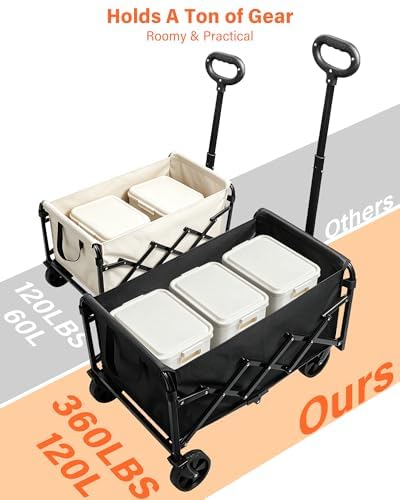 Collapsible Wagon, Wagons Carts Foldable, Foldable Wagon Cart with Wheels, Folding Wagons for Beach Camp Sports Garden, 2 Cup Holders/Lightweight Portable/Black/360 LBS - color: Black