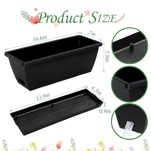 12Pcs 17Inches Rectangle Planter Box with Drainage Holes and Trays - color: Black