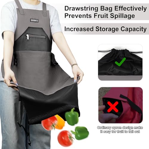 Garden Apron,Harvest Aprons with Drawstring Bag and Pockets for Women and Men,Canvas Fruit Picking Apron - color: Grey