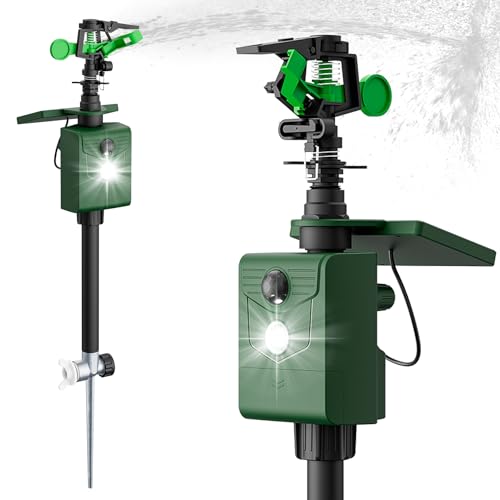 Motion Activated Animal Repeller with Water Sprinkler, Deer Repellent Devices Solar Powered, IP65 Waterproof Cat Repellent Outdoor with Flashing Light, Deter Deer Foxes Skunks Raccoons from Garden
