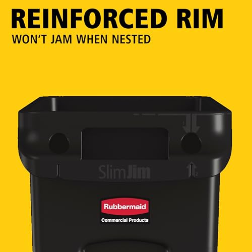 Rubbermaid Commercial Products Slim Jim Plastic Rectangular Trash/Garbage Can With Venting Channels, 23 Gal, Black, for Kitchen/Office/Workspace - color: Black, size: 23 Gal