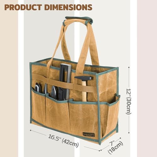 Heavy-Duty Waxed Canvas Tool Tote Bag – Large Capacity Tool Organizer with 14 External Pockets & Padded Handle | Durable Storage Tote for Contractors, Electricians & DIY (16.5" x 7" x 12", Khaki) - color: Khaki