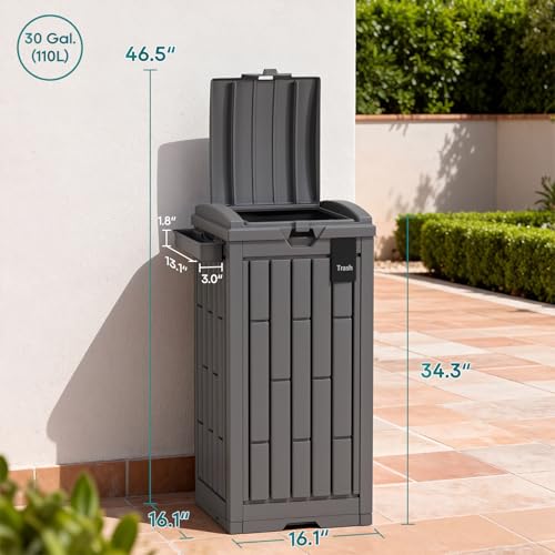 FDW 30 Gallon Outdoor Trash Can with Lid, Waterproof PP Resin Garbage Bin with Ashtray & Removable Tray, Modern Outside Waste Can for Patio, Garden, Balcony, Backyard - size: 30G