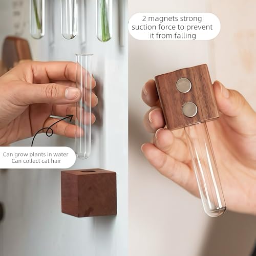 3PCS Mini Plant Propagation Station Set - for Window, Fridge, Wall, Office, Kitchen Decor, Home Plant Display,Inculd Glass Test Tube Vases Magnet and Adhesive Backed Wooden Holders