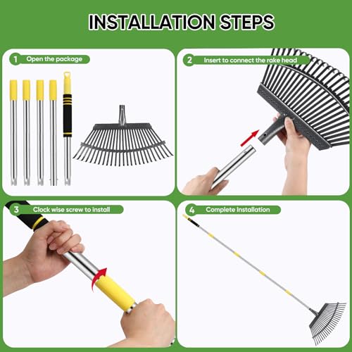 Heavy Duty Garden Rake 6FT Long Leaf Rake for Lawn - style: Stainless steel - Yellow