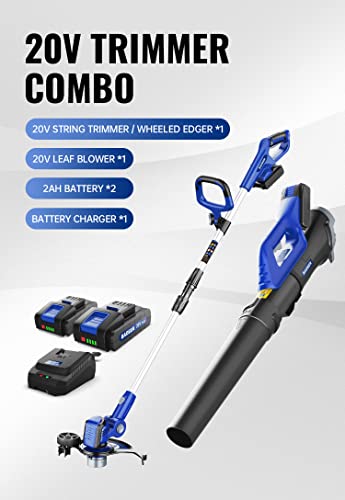 Wild Badger Power 20V Weed Wacker, Leaf Blower, Wheeled Edger Kit Electric with 2 * 2Ah Battery & Charger, String Trimmer, Lightweight, Adjustable Telescopic Shaft, Fast-Charging - style: 20V Trimmer + Blower