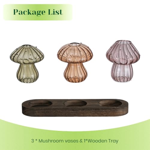 Hewory Plant Propagation Stations: 3PCS Amber Mushroom Vase with Wood Tray - color: Amber, size: 3