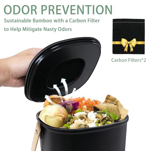 MUMTOP Compost Bin for Kitchen Countertop,1.4 Gal Bamboo Compost Container - color: B-Black