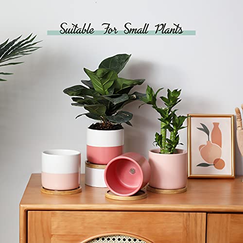 4 Inch Ceramic Plant Pots with Drainage Holes, Small Contrast Style Flower Planter Pot with Tray for Indoor Plants, Succulent, Snake Plants, Cactus & Herbs, Set of 4 - color: White + Pink