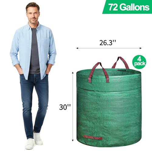 4 Pack 72 Gallons Reusable Yard Waste Bag, Large Lawn and Leaf Bags with 4 Reinforced Handles, Heavy Duty Large Garden Waste Bin Container for Leaves, Grass Clippings, Camping Yard Recycling
