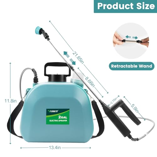 Battery Powered Sprayer 2 Gallon, 2026 Upgrade Electric Sprayer with 3 Adjustable Speed, Battery Indicator, 4 Mist Nozzles, Rechargeable Retractable Wand with Adjustable Shoulder Strap for Lawn Garden - color: Blue