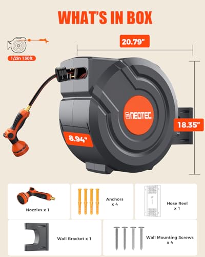 130FT Retractable Garden Hose Reel 1/2 Inch, Heavy Duty Wall Mounted Water Hose with Metal Bracket, Auto-Lock, Slow Return, 180° Swivel & 9-Pattern Spray Nozzle, UV Resistant Outdoor