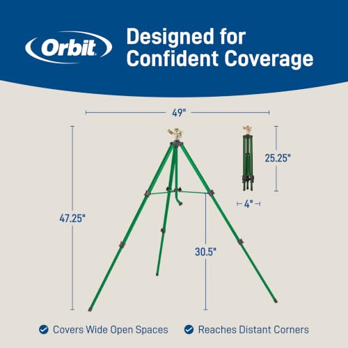 Orbit 1/2 Inch Brass Impact Sprinkler - Adjustable Metal Tripod - Long Range Lawn Watering System - 360 Degree Rotating Sprinkler - Heavy Duty Irrigation System - Adjustable 22-48 Inch Height - 58308 - style: Brass Impact Sprinkler