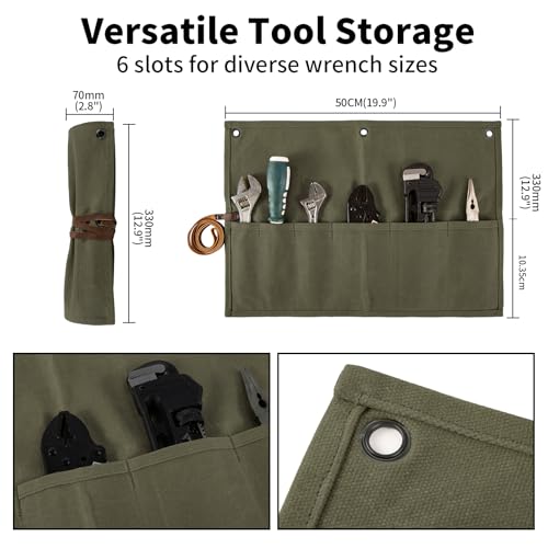 Chisel Roll,Small Tool Roll Pouch,Tool Roll Bag Organizer, Heavy Duty Waxed Canvas Tool Bag, Multi-Purpose Roll-Up Storage Bag for Hand Tools Holder with 6 Pockets Wrench Roll Up Pouch - color: Army Green