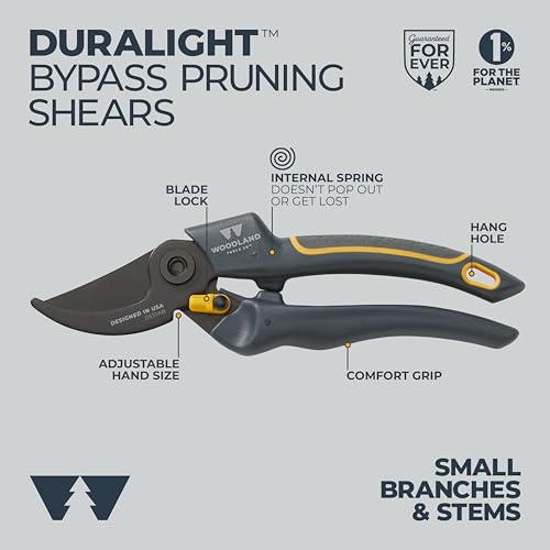 Woodland Tools Co. Duralight Bypass Pruning Shears – 5/8" Cut Capacity, Lightweight Hand Pruner, High Carbon Steel Blade, Adjustable Lock, Internal Spring, Soft Grip Garden Tool for Plants and Shrubs - style: Compact Duralight Pruner