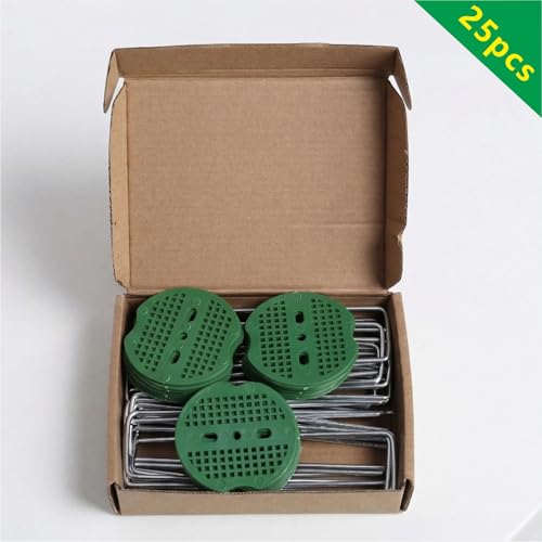 25 Pcs 6 Inch 11 Gauge Galvanized Stainless Steel Garden Stakes Staples and 25 Pcs Gasket,Lawn Landscape Staples Fabric Pins Heavy-Duty U Shape Sod Turf Pins for Weed Fabric Barrier,Groud Cover,Fence