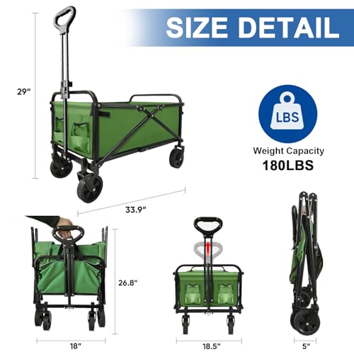 Collapsible Wagon Cart Foldable Portable Heavy Duty Folding Beach Wagons, Outdoor Utility Carts with Large Capacity for Grocery, Camping, Shopping, Fishing, Sports, Garden Green - color: Green