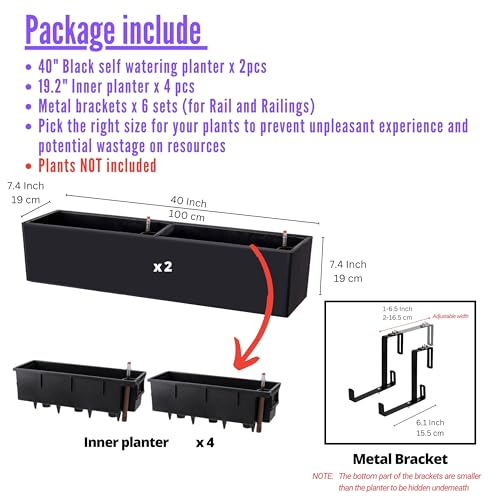 LaLaGreen Rail Planter Boxes for Outdoor (2 Pack, 40") Hanging Flower Pots with Bracket, Black Rectangular Self Watering System Deck Railing Herb Planters Outdoor Plants Container Rail Balcony Fence - color: 40" X 2 (Black)
