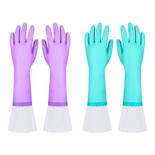Elgood Reusable Long Dishwashing Cleaning Gloves with Latex Free, Long Cuff,Cotton Lining,Kitchen Gloves 2 Pairs,Purple+Blue Medium - color: Long Cuff-purple+blue, size: Medium (Pack of 2)