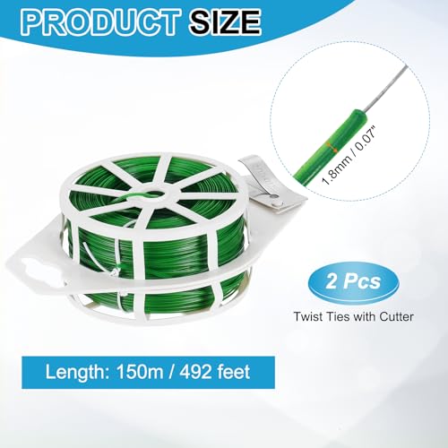 HARFINGTON 2pcs Twist Tie with Cutter 492FT (150m) Garden Plant Ties Wire - color: Green, size: 492FT