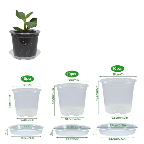 30 Pack 5/6/7 Inch Clear Nursery Pots with Drainage and 30 Pack Plant Saucers, Plant Pots for Plants Transparent Potting Containers for Plants Seeding Starter Pot (Clear, 5/6/7 Inch) - color: Clear, size: 5/6/7 Inch