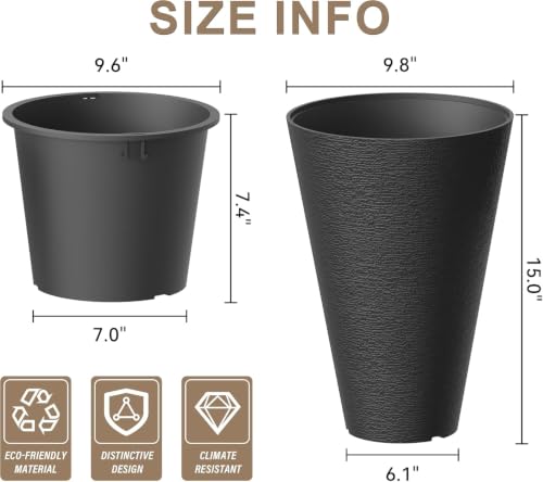 Kante 2-Pack All-Weather 15" H Round Tapered Black Plastic Planters - color: Brunish Black, size: 15" H