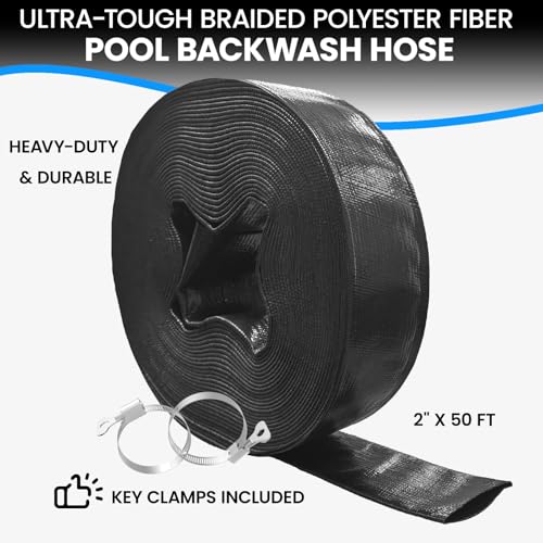 Poolvio Backwash Hose 2" x 50 ft, Heavy-Duty Lay-Flat Reinforced PVC Discharge Hose with 2 Stainless Steel Thumb Screw Clamps, Leak-Resistant for Inground & Above-Ground Pool Filters - size: 2" x 50 ft