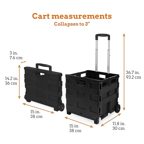 Inspired Living Ultra-Slim Rolling Collapsible Storage Pack-N-Roll Utility-carts, with Telescopic Handle, for Home, Garden, Shopping, Office, School use, Medium, Black - color: Black, size: Medium/ No Lid